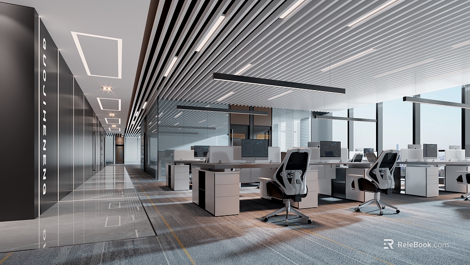 Modern Public Office Space With Open Layout Glass Partitions Workstations And Linear Lighting 3d model 