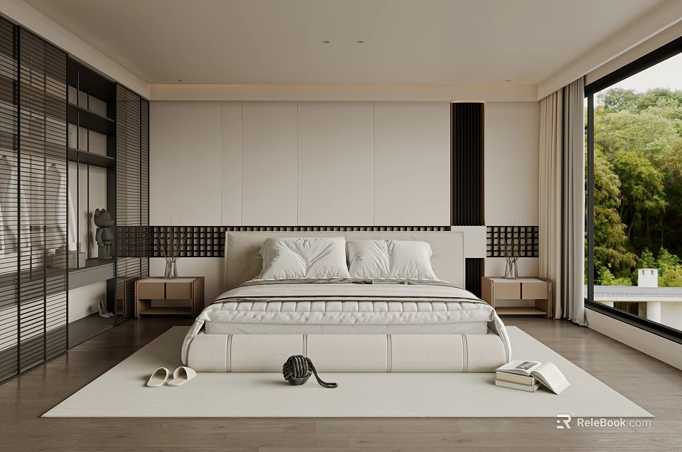 Modern Bedroom Interior With Minimalist Design King Bed Nightstands Rug And Green View 3d model 