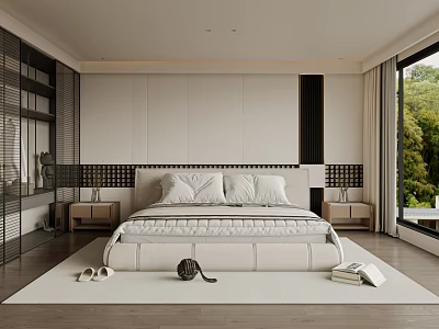 Modern Bedroom Interior With Minimalist Design King Bed Nightstands Rug And Green View 3d model