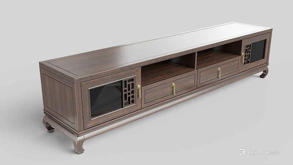 Wooden TV Stand With Chinese Style Design Drawers Cabinet Doors And Lattice Decorations 3d model 
