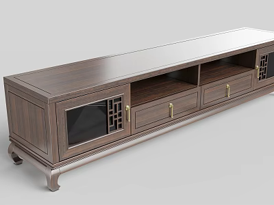 Wooden TV Stand With Chinese Style Design Drawers Cabinet Doors And Lattice Decorations 3d model