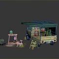 Scenic Components with Yellow Truck Green Awning Wooden Frame Small Table Plants and Ladder