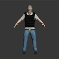 3D Character Rendering Headless Design Black Vest White Tshirt Blue Jeans Gray Background