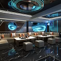 Luxurious KTV Room with Blue Lighting Circular Ceiling Leather Sofas and Marble Floor 3d model