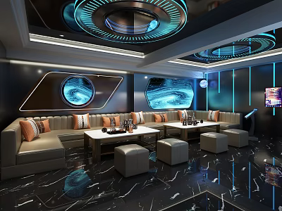 Luxurious KTV Room with Blue Lighting Circular Ceiling Leather Sofas and Marble Floor 3d model