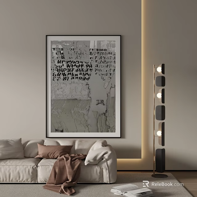Modern Living Room With White Sofa Black And White Decorative Artwork And Floor Lamp 3d model 