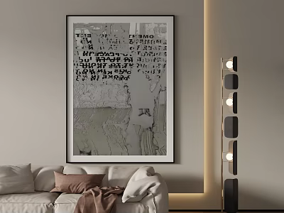Modern Living Room With White Sofa Black And White Decorative Artwork And Floor Lamp 3d model