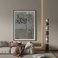 Modern Living Room With White Sofa Black And White Decorative Artwork And Floor Lamp