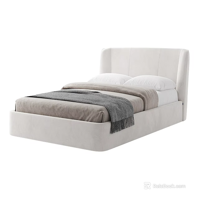 Modern White Single Bed With Upholstered Headboard Comfortable Pillows And Soft Blanket 3d model 