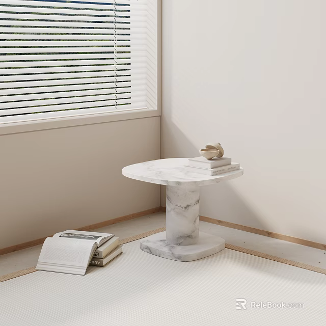 Marble Side Table in Corner with Blinds Books and Shell Decor 3d model 