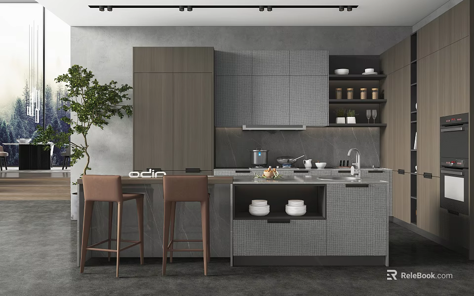 Modern Kitchen Interior Design With Island Counter Gray Cabinets Stools And Appliances 3d model