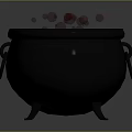 Black Cauldron With Red Liquid And Floating Red Cherries On Gray Background