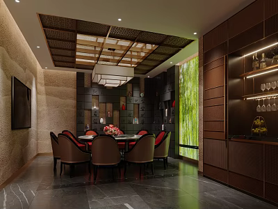Elegant Chinese Private Dining Room with Round Table Red Chairs Decorative Walls And Green Plants 3d model