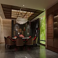 Elegant Chinese Private Dining Room with Round Table Red Chairs Decorative Walls And Green Plants