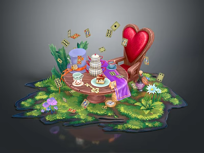 Whimsical Garden Furniture With Heart Shaped Chair Wooden Table Tea Set Flowers And Playing Cards 3d model