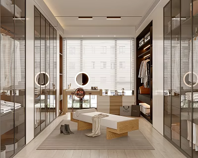 Modern Walk In Closet With Glass Cabinets And Natural Light 3d model
