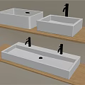 Modern Bathroom Washbasins Featuring White Square Rectangular Design On Wooden Shelves With Silver Faucets
