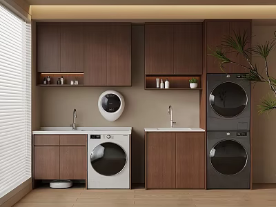 Modern Brown Wooden Balcony Cabinet With Washing Machine Dryer And Sink 3d model