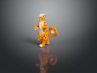 Orange Leopard Figure With Black Spots White Mane Standing On Dark Surface With Reflection 3d model