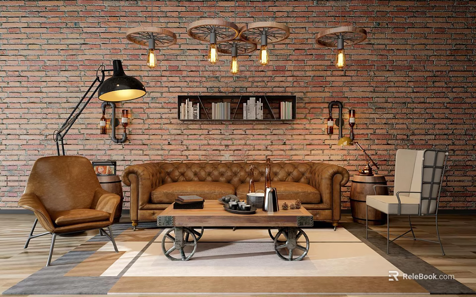 Industrial Style Sofa And Coffee Table Set With Brick Wall And Vintage Lights 3d model 