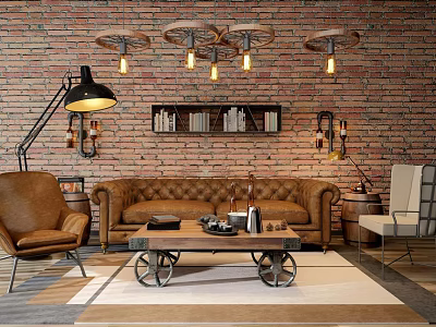 Industrial Style Sofa And Coffee Table Set With Brick Wall And Vintage Lights 3d model