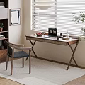 Wooden Desk and Chair Set with Laptop Fruit Table Lamp near Blinds and Bookshelf