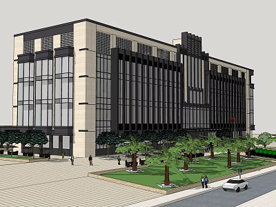 Modern Multi Story Building Exterior With Glass Windows Stone Facade Green Landscaping And Sidewalk 3d model