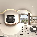 Modern Living Dining Room Interior With Large Windows City View Beige Sofa And Coffee Table