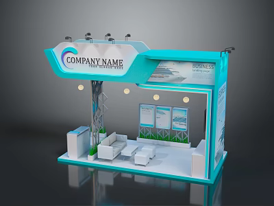 Modern Blue And White Exhibition Booth With Company Name Signage Sofa Tables And Information Panels 3d model