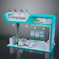 Modern Blue And White Exhibition Booth With Company Name Signage Sofa Tables And Information Panels