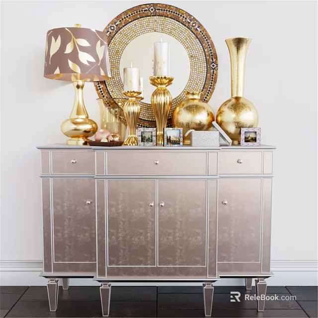 Elegant Wall Decor With Golden Mirror Lamp Vases Candle Holders And Silver Cabinet 3d model 