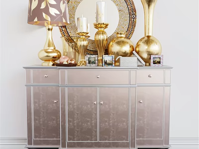 Elegant Wall Decor With Golden Mirror Lamp Vases Candle Holders And Silver Cabinet 3d model
