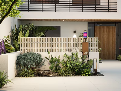 Modern Garden Landscape Featuring Cactus Shrubs White Lattice Fence Wooden Door And Stone Pathway 3d model