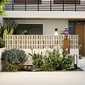 Modern Garden Landscape Featuring Cactus Shrubs White Lattice Fence Wooden Door And Stone Pathway