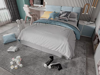 Cozy Children's Bed With Colorful Pillows Soft Blanket And Toys On Carpet 3d model