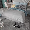 Cozy Children's Bed With Colorful Pillows Soft Blanket And Toys On Carpet