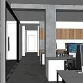 Public Office Space With Desks Computers Chairs Pendant Lights And Concrete Columns