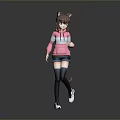 Woman With Cat Ears In Pink Hoodie Shorts Black Thigh High Socks Sneakers Gray Background