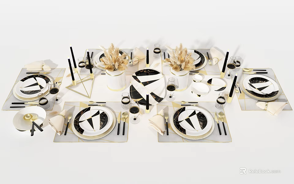 Stylish Black And White Tableware Set With Gold Accents Plates Cups And Decorative Elements 3d model 