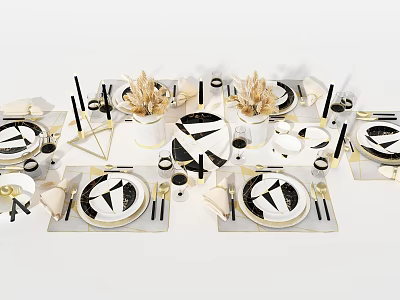 Stylish Black And White Tableware Set With Gold Accents Plates Cups And Decorative Elements 3d model