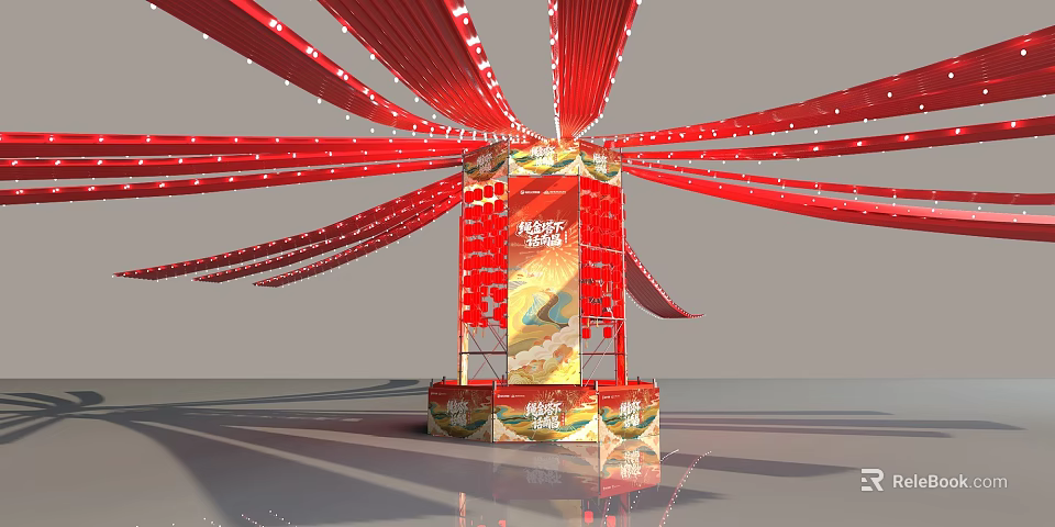 Traditional Art Installation With Red Ribbons Central Square Structure And Cultural Prosperity Patterns 3d model