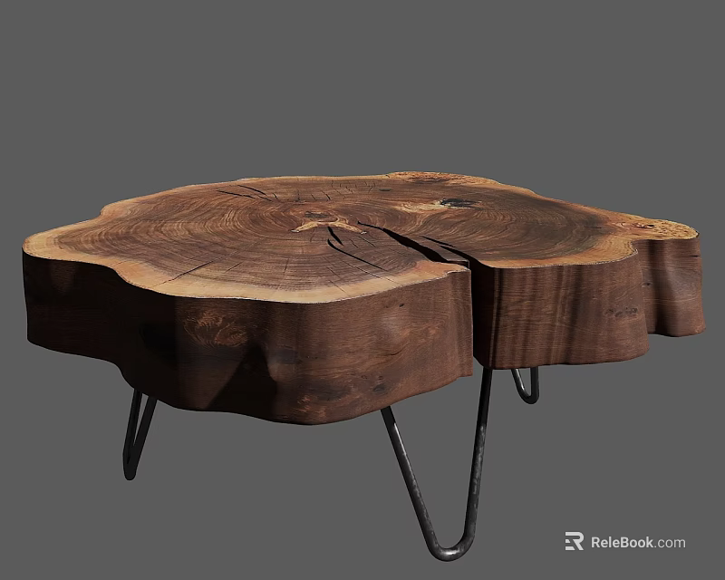 Rustic Wooden Stump Coffee Table With Natural Grain And Metal Hairpin Legs 3d model 