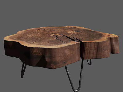 Rustic Wooden Stump Coffee Table With Natural Grain And Metal Hairpin Legs 3d model