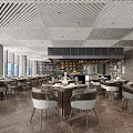 Elegant Restaurant Interior Design With Striped Ceiling Large Windows Wooden Flooring And Dining Table Settings
