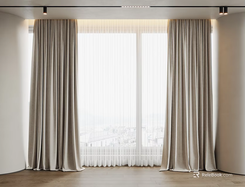 Gray Curtains Hanging On Large Windows With White Walls Wooden Floor And Lighting 3d model 