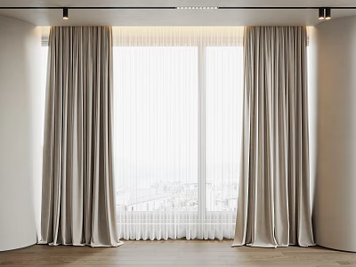 Gray Curtains Hanging On Large Windows With White Walls Wooden Floor And Lighting 3d model