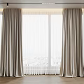 Gray Curtains Hanging On Large Windows With White Walls Wooden Floor And Lighting