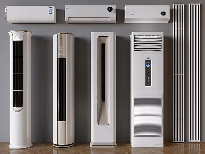Various Styles of Modern Air Conditioner Fans Including Wall Mounted Standing Tower and Cabinet Designs 3d model