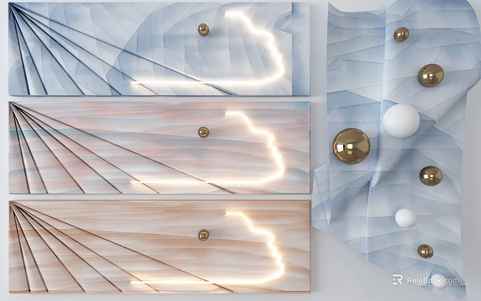 Creative Wall Decor With Wooden Panels Blue Tones Geometric Lines And Metallic Balls 3d model 