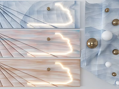 Creative Wall Decor With Wooden Panels Blue Tones Geometric Lines And Metallic Balls 3d model